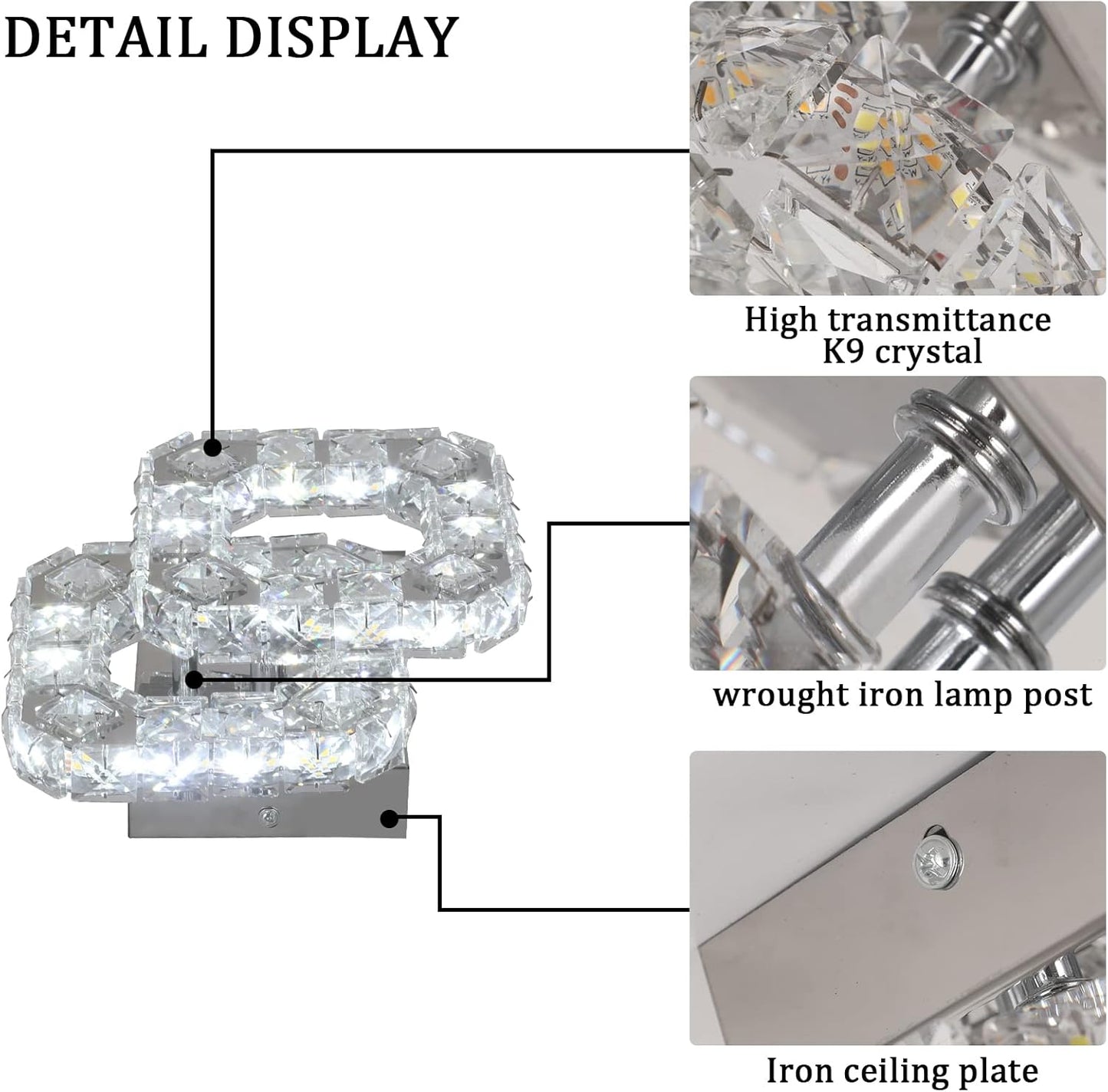 Crystal LED Ceiling Light Fixture. Square Flush Mount 3-Color Chandelier for Bedroom. Kitchen. Hallway