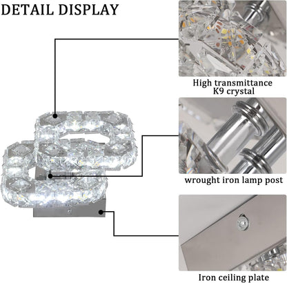 Crystal LED Ceiling Light Fixture. Square Flush Mount 3-Color Chandelier for Bedroom. Kitchen. Hallway