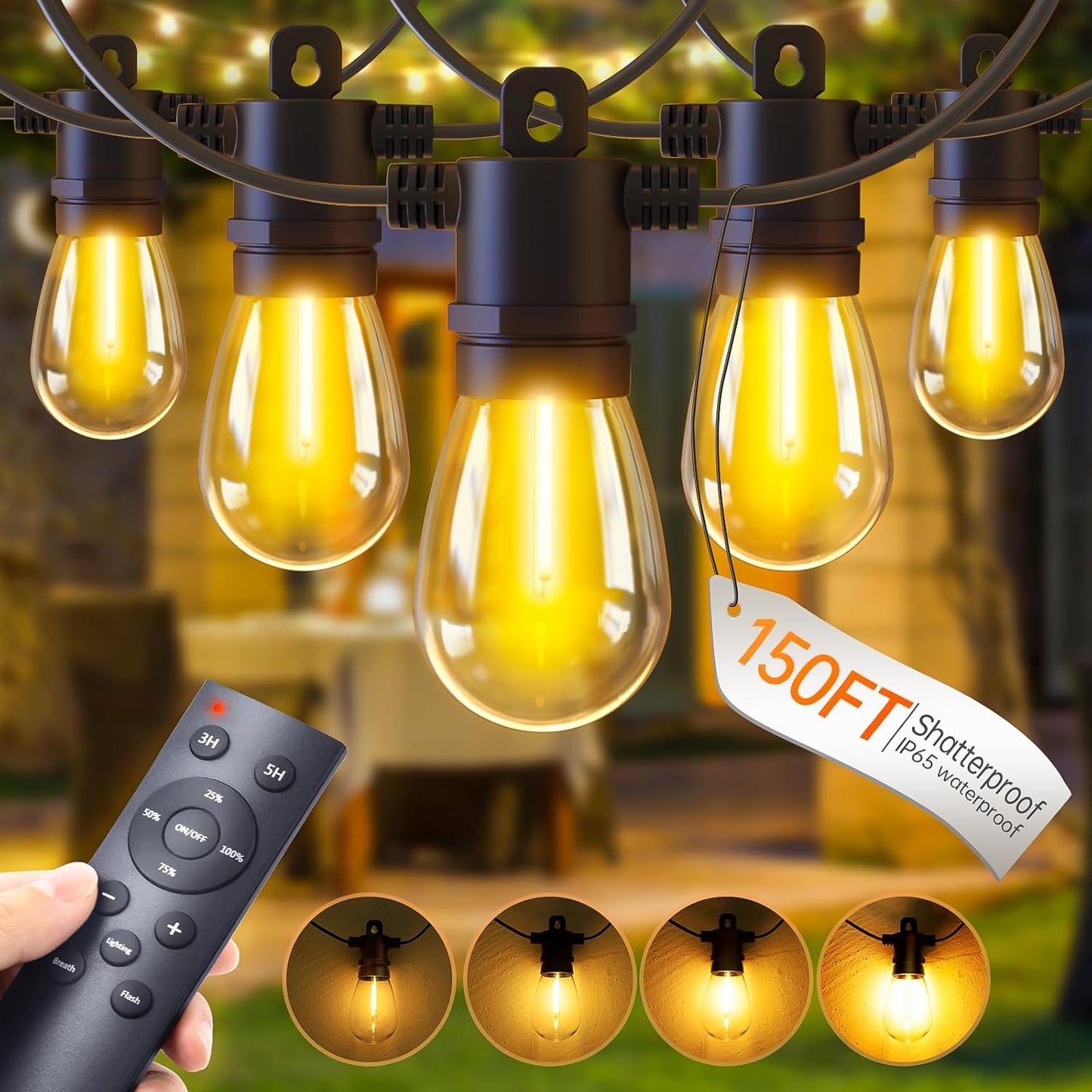 150ft Outdoor Festoon Lights with Remote & Dimmable LEDs