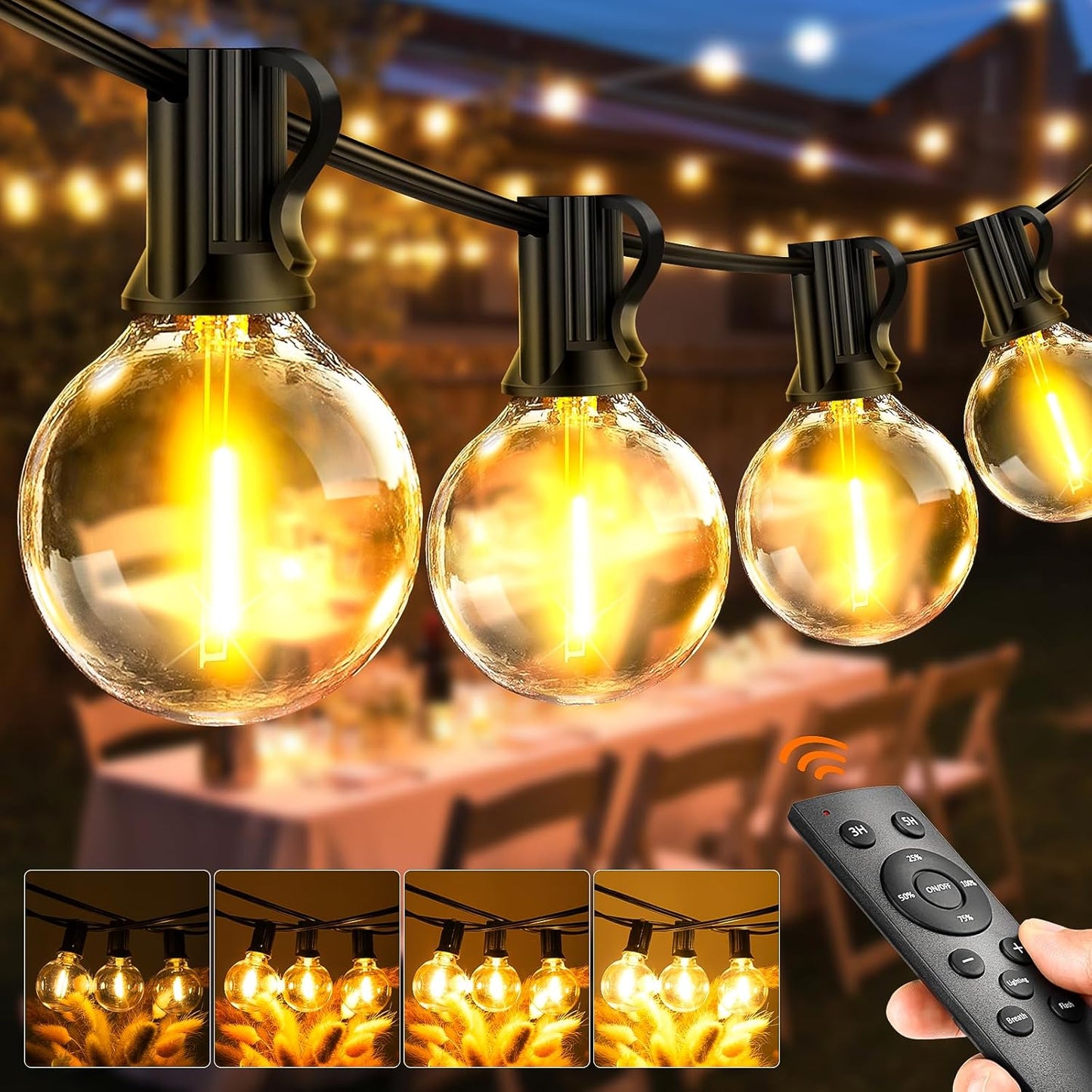 65.5ft Outdoor String Lights with Remote & Dimmable LEDs
