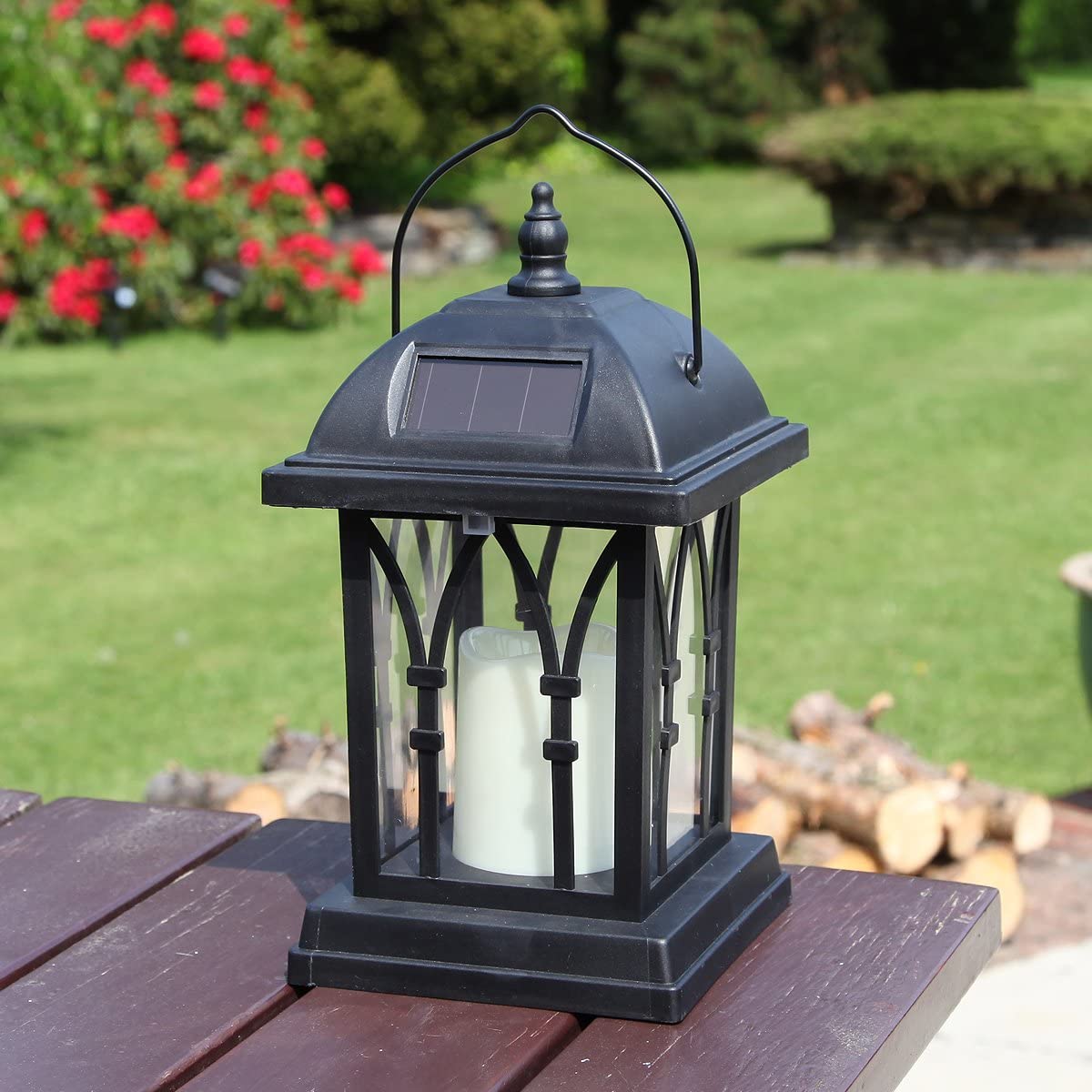 Lanternes solaires jardin décoratives noir mat avec bougie LED