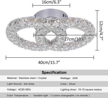 Crystal Chandelier Light Fixture LED Ceiling Lamp 2-Rings Flush Mount