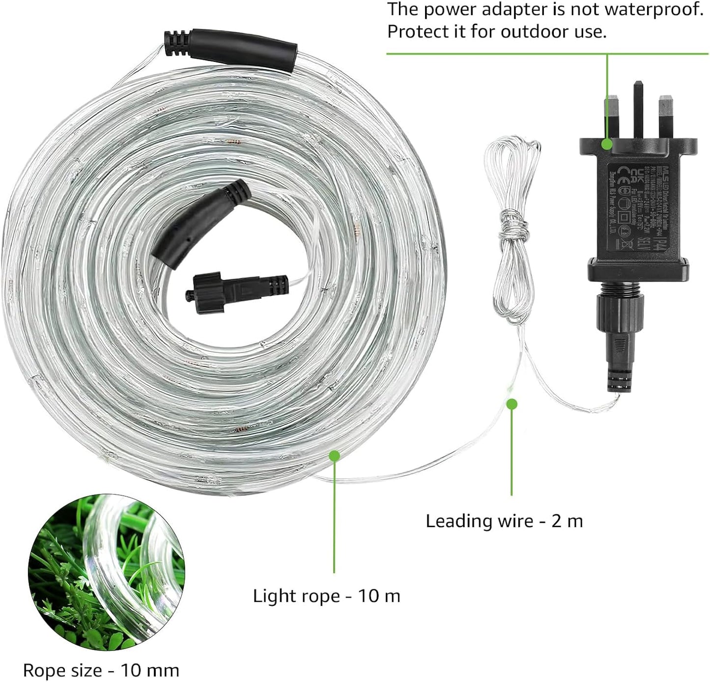 Outdoor Rope Lights – Mains Powered. Connectable. 10m/33ft. 240 LED Cool White. Waterproof. 10mm Thick Rope Lighting for Garden. Patio. Pathways. and Christmas Décor