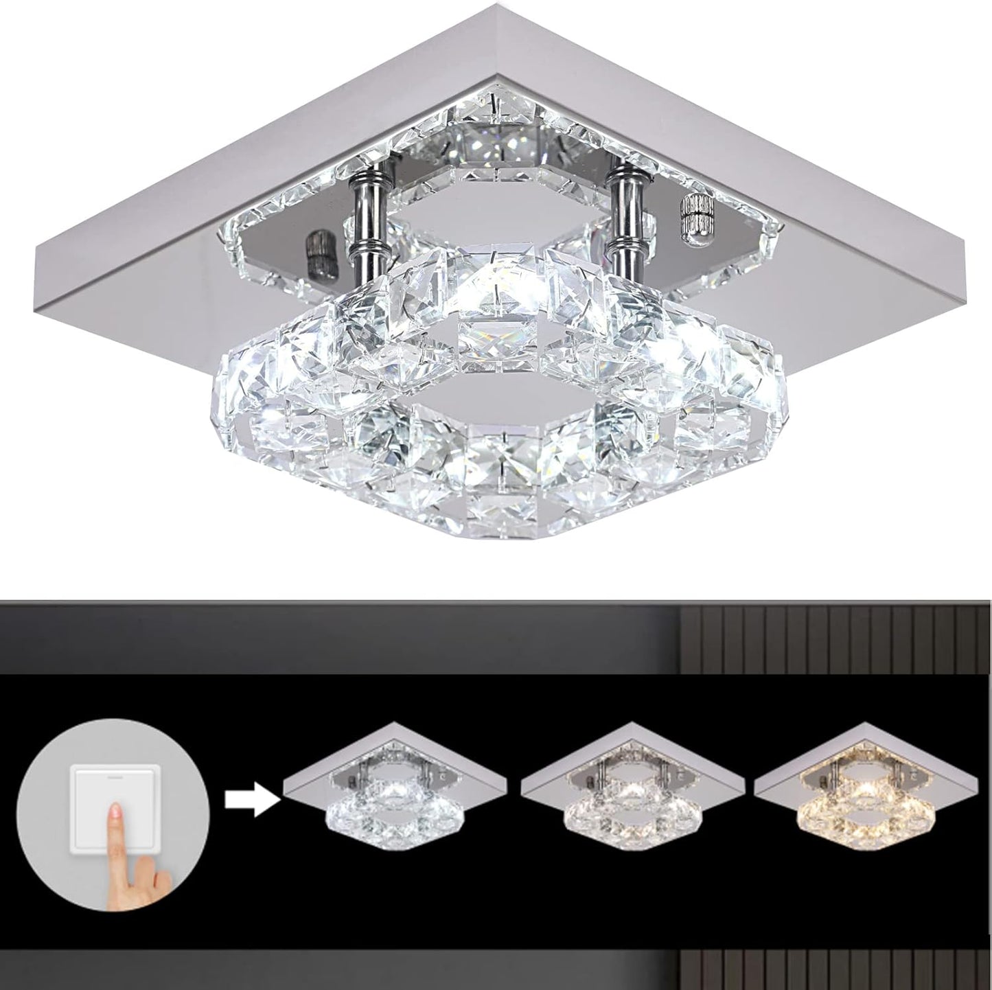 Modern Square K9 Crystal LED Chandelier Flush Mount Ceiling Light