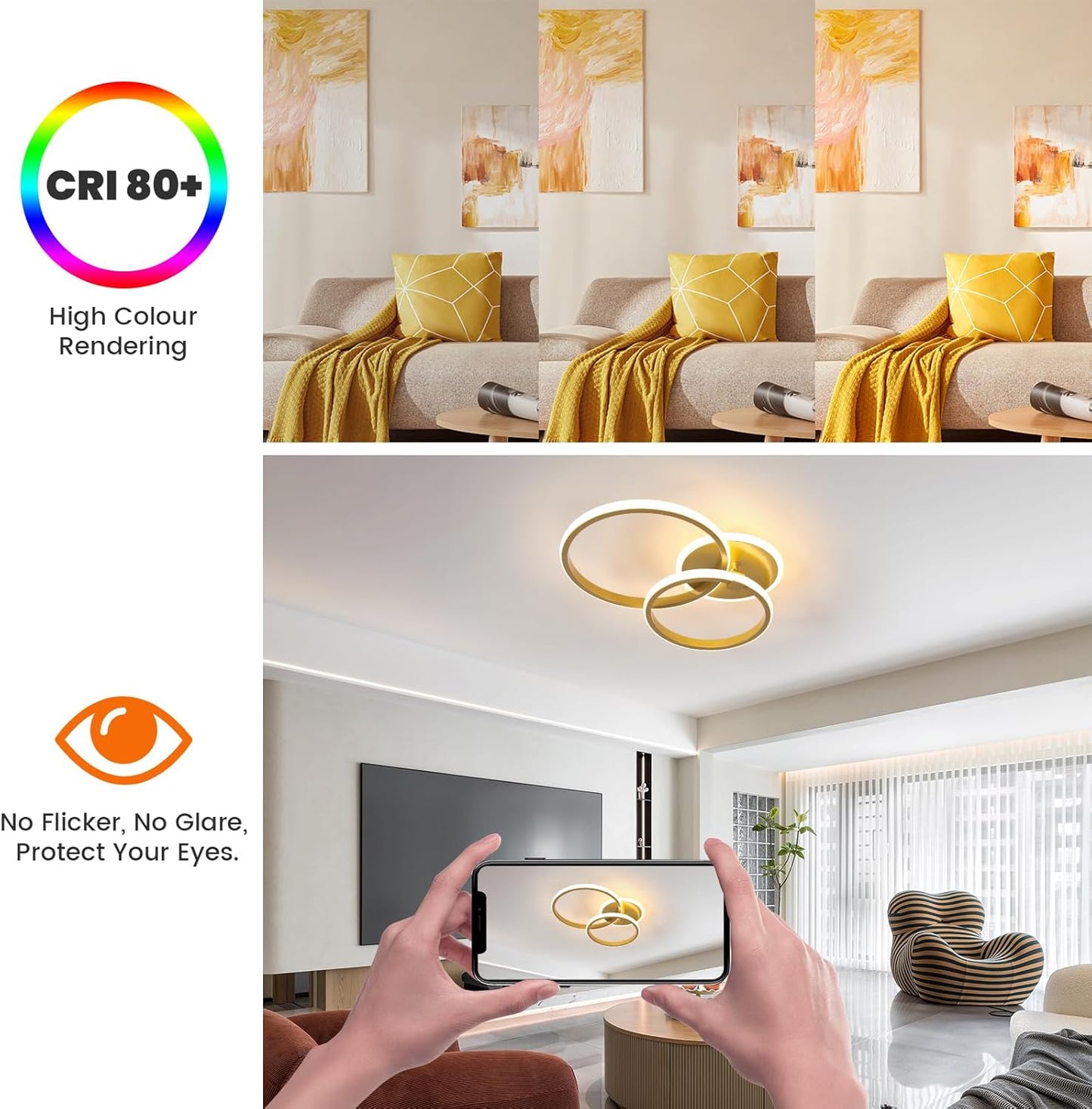 Modern LED Ceiling Lamp. 42W 4700LM Gold Round Chandelier Ceiling Light for Living Room. Bedroom. Dining Room. Office (3000K Warm White)