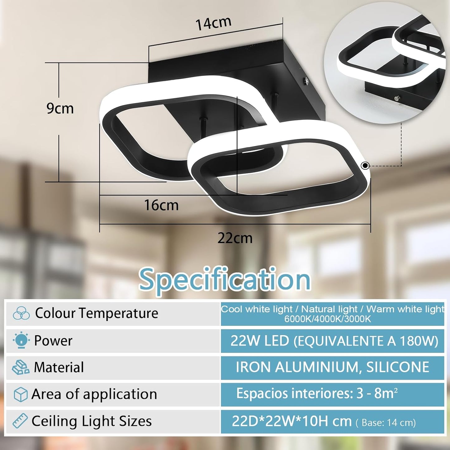 Dimmable LED Ceiling Light Square 22W Black Lamp with Remote Control