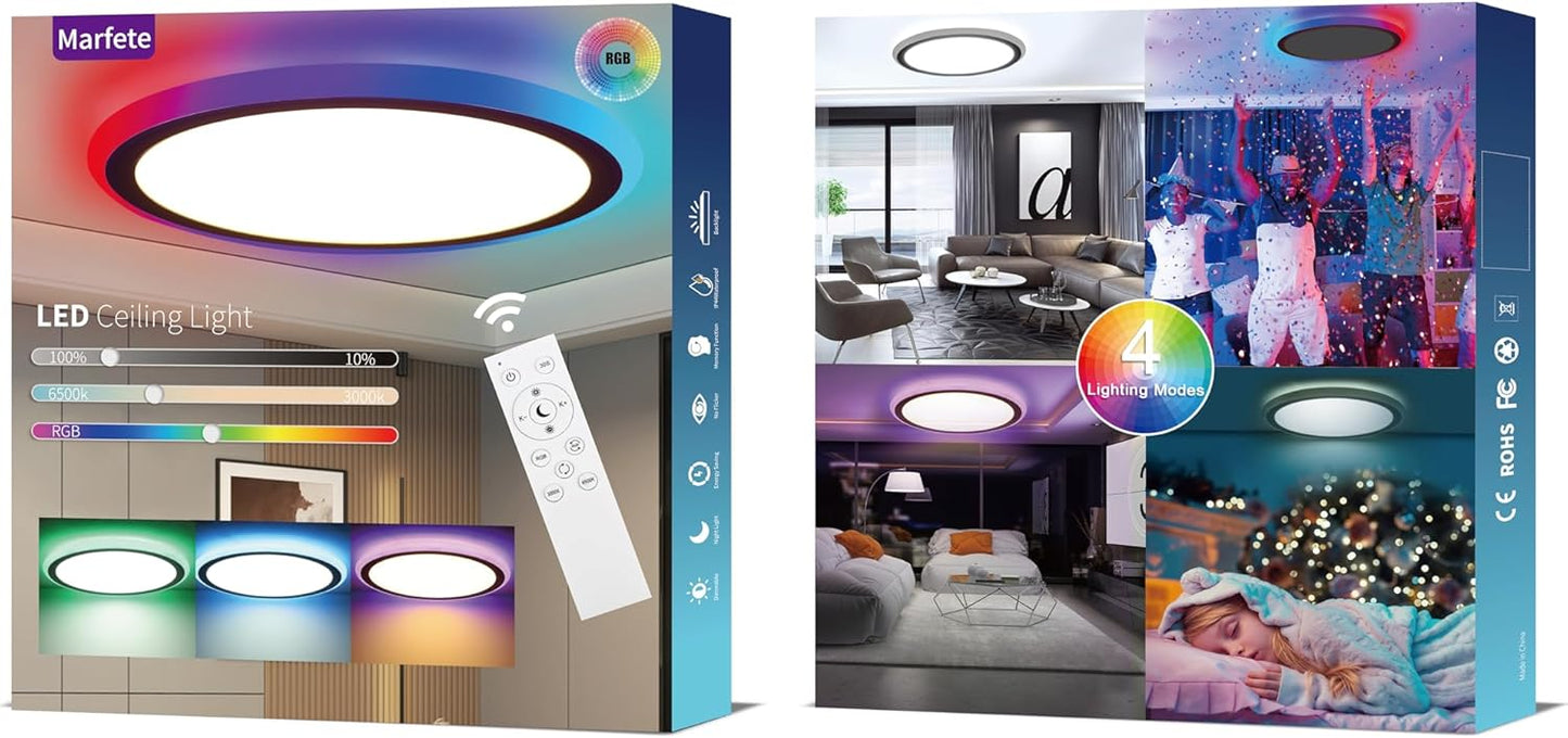 Modern Ultra-Thin 13 LED Ceiling Light. Dimmable RGB with Remote. 30W Flush Mount. 3000-6500K Sidelight Glow