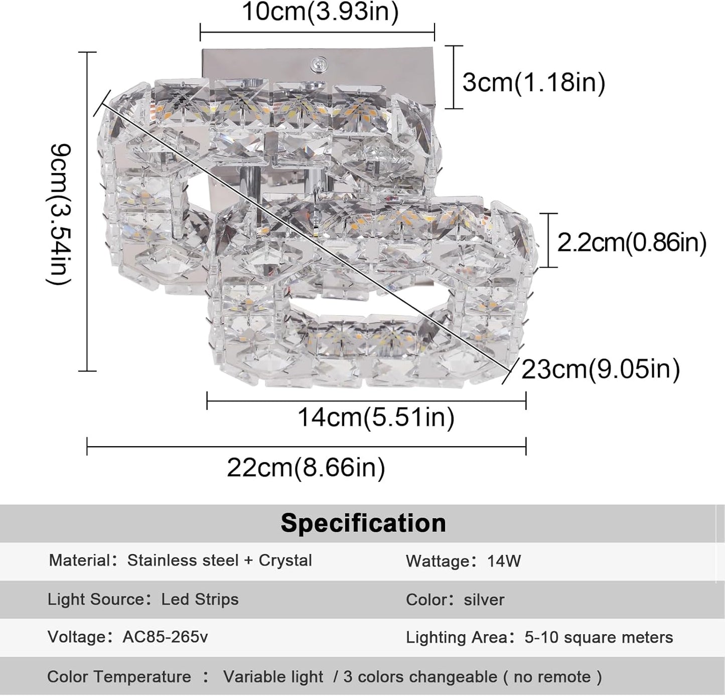 Crystal LED Ceiling Light Fixture. Square Flush Mount 3-Color Chandelier for Bedroom. Kitchen. Hallway
