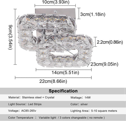 Crystal LED Ceiling Light Fixture. Square Flush Mount 3-Color Chandelier for Bedroom. Kitchen. Hallway
