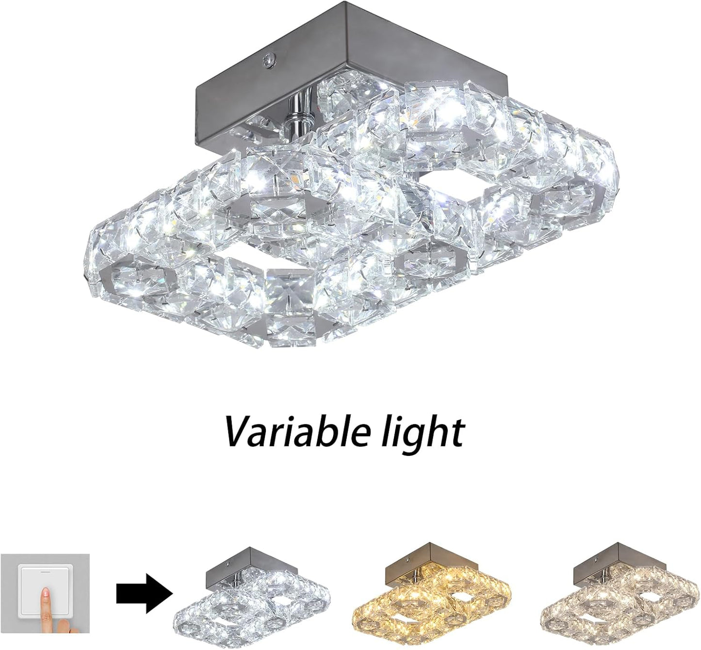 Crystal LED Ceiling Light Fixture. Square Flush Mount 3-Color Chandelier for Bedroom. Kitchen. Hallway
