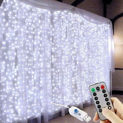 300 LED USB Curtain Lights – 8 Modes. Waterproof. Remote