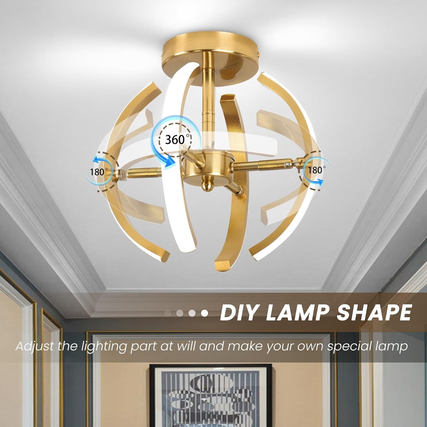 LED Ceiling Light. Elegant Gold Curved Design with 4 Strips. 22W Modern Ceiling Fixture for Hallway. Office. Bedroom. Kitchen. Living Room. Dining Room (Cool White 6000K)