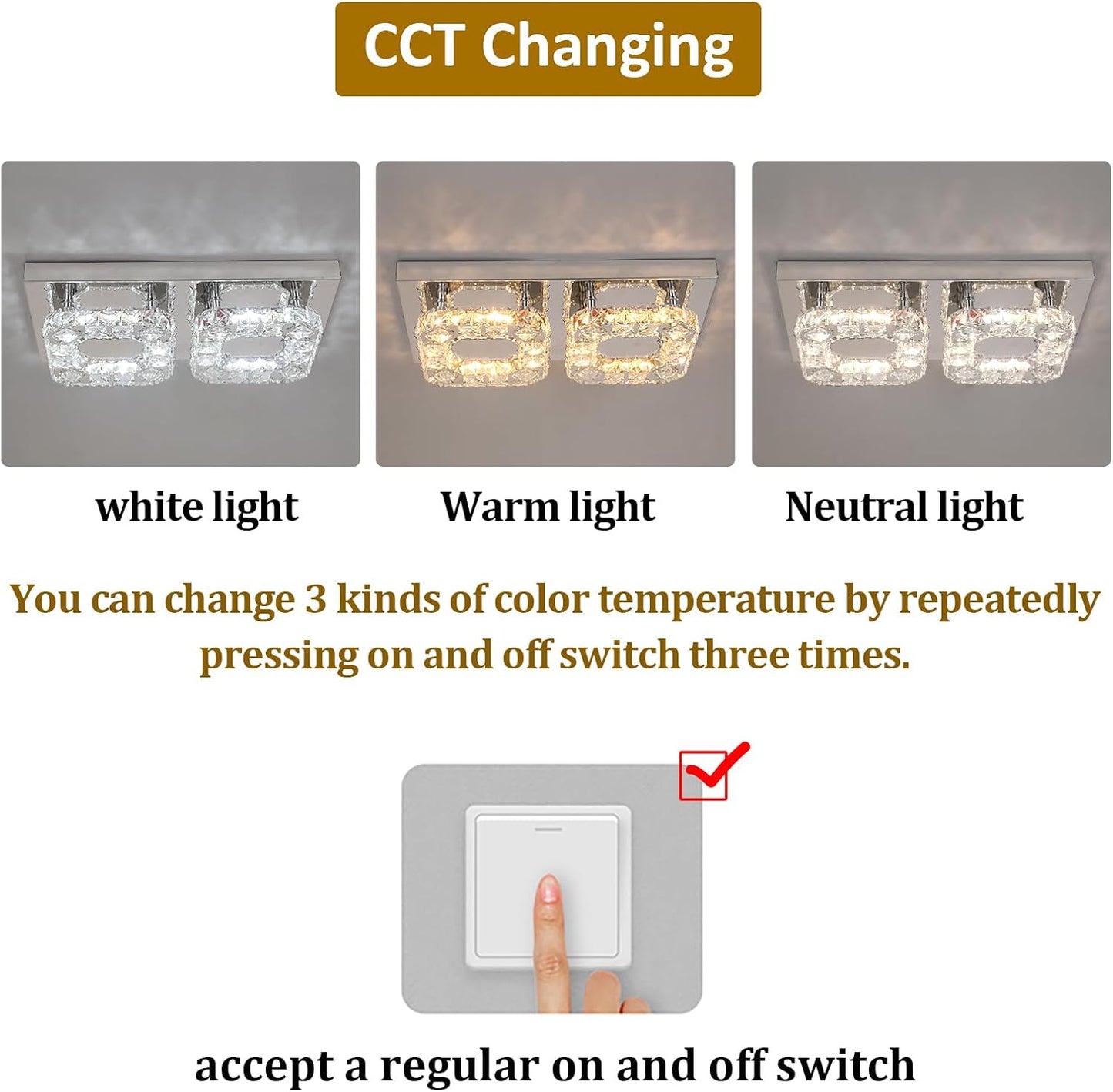 Rectangular Crystal LED Ceiling Chandelier Flush Mount 3-Color Change