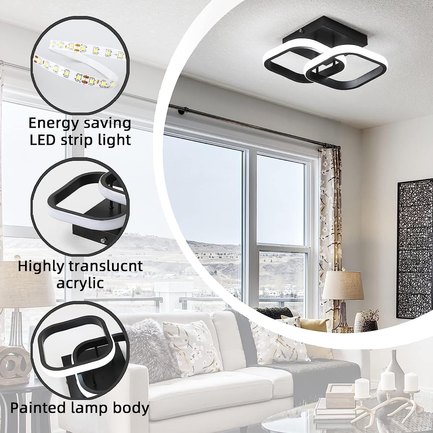 Dimmable LED Ceiling Light Square 22W Black Lamp with Remote Control