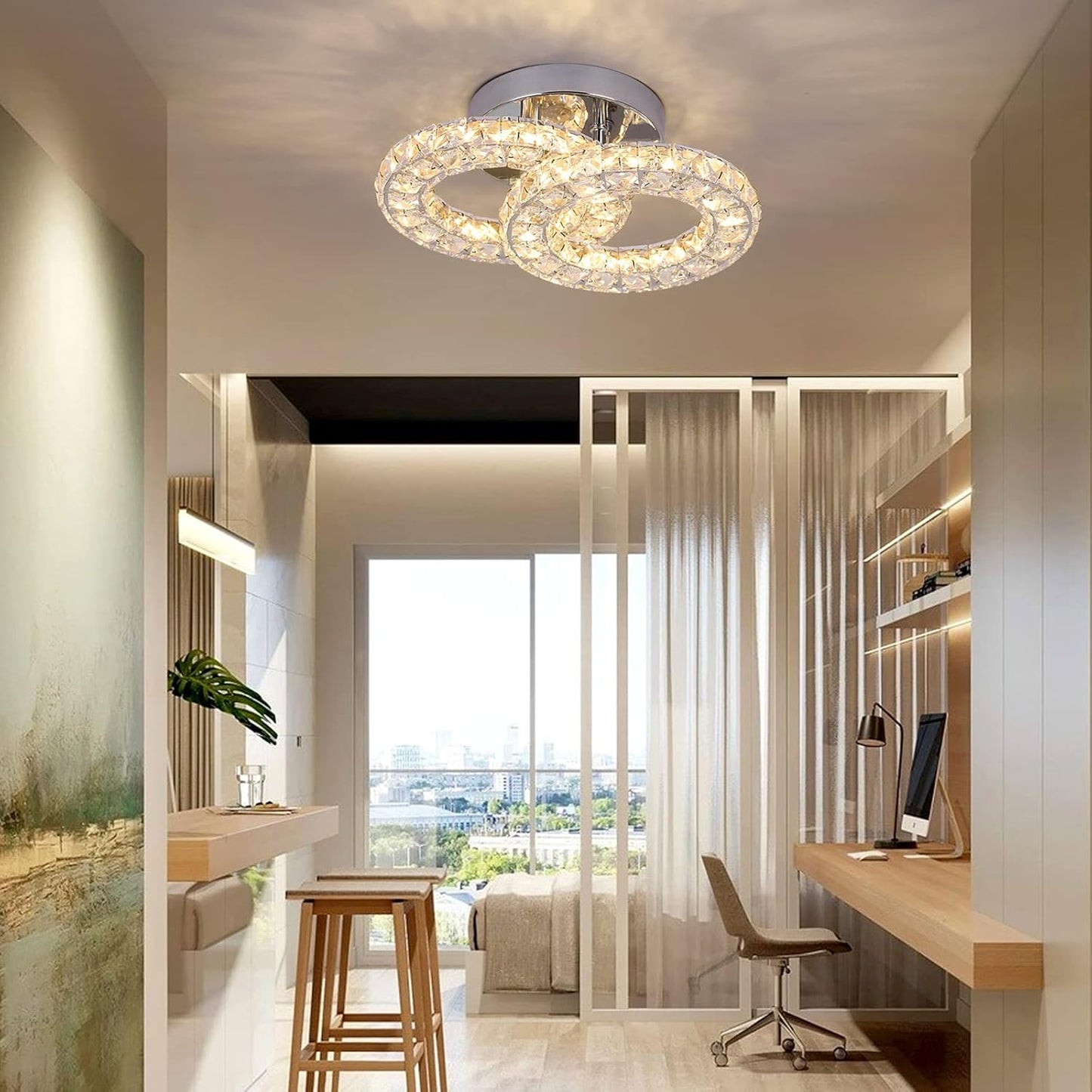 Crystal LED Ceiling Light Fixture. Modern 2-Ring Flush Mount Chandelier