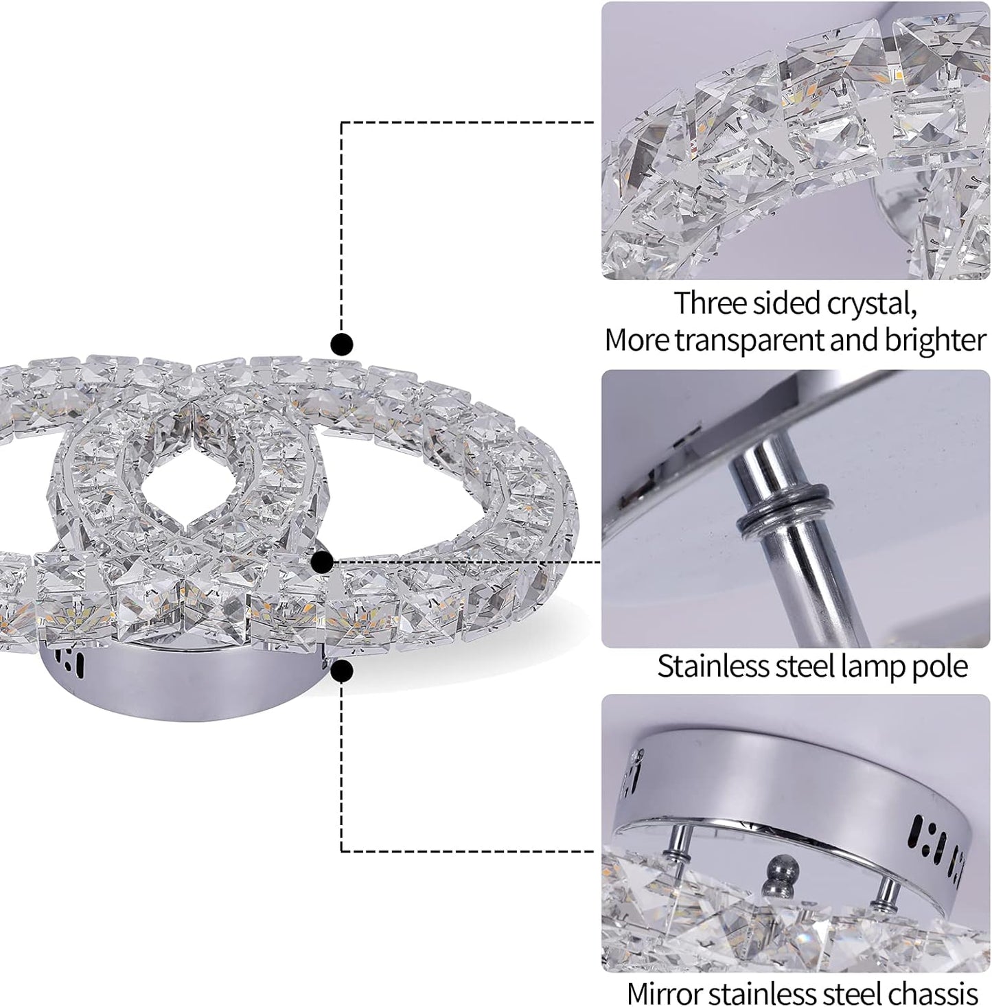Crystal Chandelier Light Fixture LED Ceiling Lamp 2-Rings Flush Mount