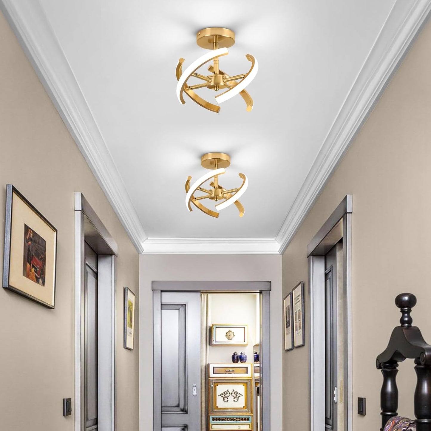 LED Ceiling Light. Elegant Gold Curved Design with 4 Strips. 22W Modern Ceiling Fixture for Hallway. Office. Bedroom. Kitchen. Living Room. Dining Room (Cool White 6000K)