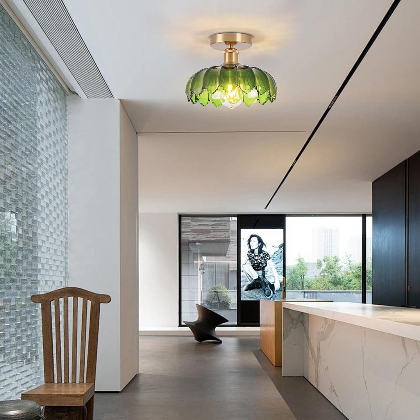 Ceiling Light – Semi-Flush Mount Glass Pendant Lamp. Farmhouse Vintage Fixture