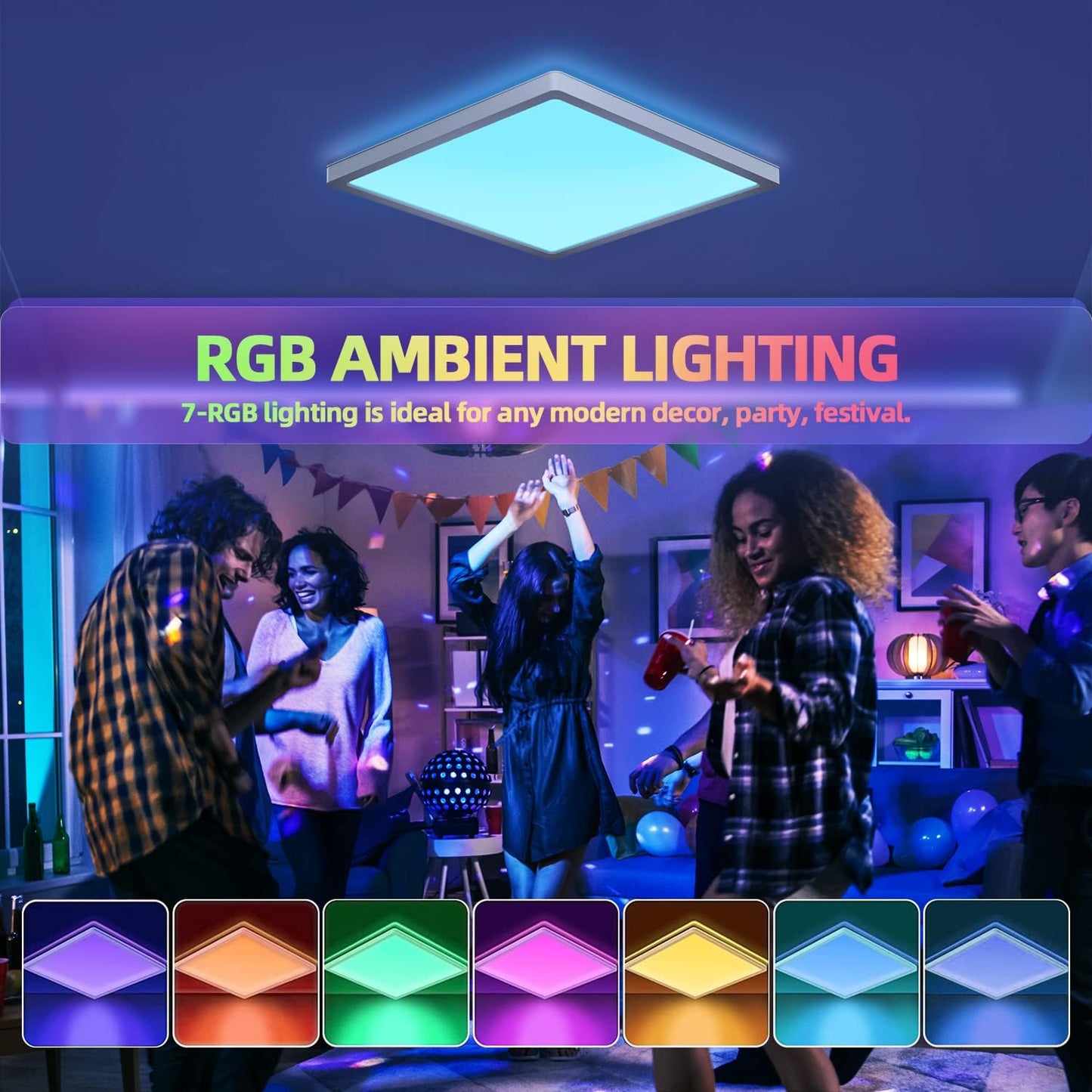 RGB LED Ceiling Light with Remote. 24W Dimmable Flush Mount