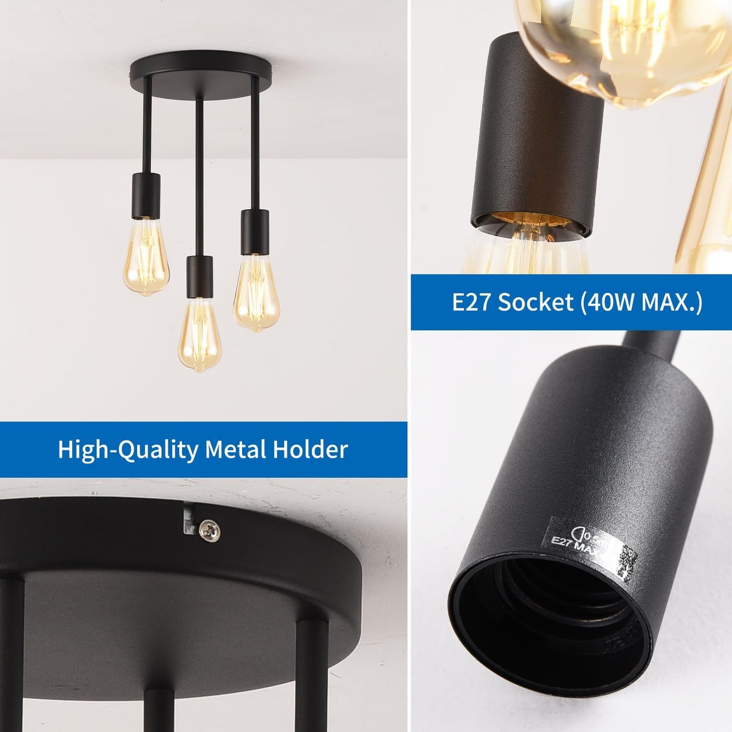 Ceiling Lights. Black 3 Way Ceiling Spotlight Fitting. Modern Kitchen Ceiling Light Fixture for Dining Room. Living Room. Bedroom (No Bulbs)
