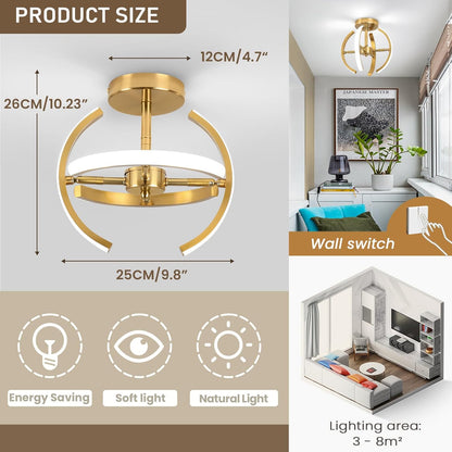 LED Ceiling Light. Elegant Gold Curved Design with 4 Strips. 22W Modern Ceiling Fixture for Hallway. Office. Bedroom. Kitchen. Living Room. Dining Room (Cool White 6000K)