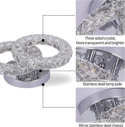 Crystal LED Ceiling Light Fixture. Modern 2-Ring Flush Mount Chandelier