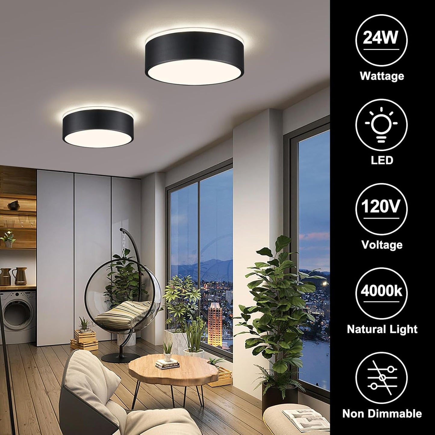 Modern LED Ceiling Light. 24W 4000K Black Metal Flush Mount Lamp 11.8 Inch for Bedroom. Living Room. Kitchen. Bathroom. Hallway. Dining Room. Lounge