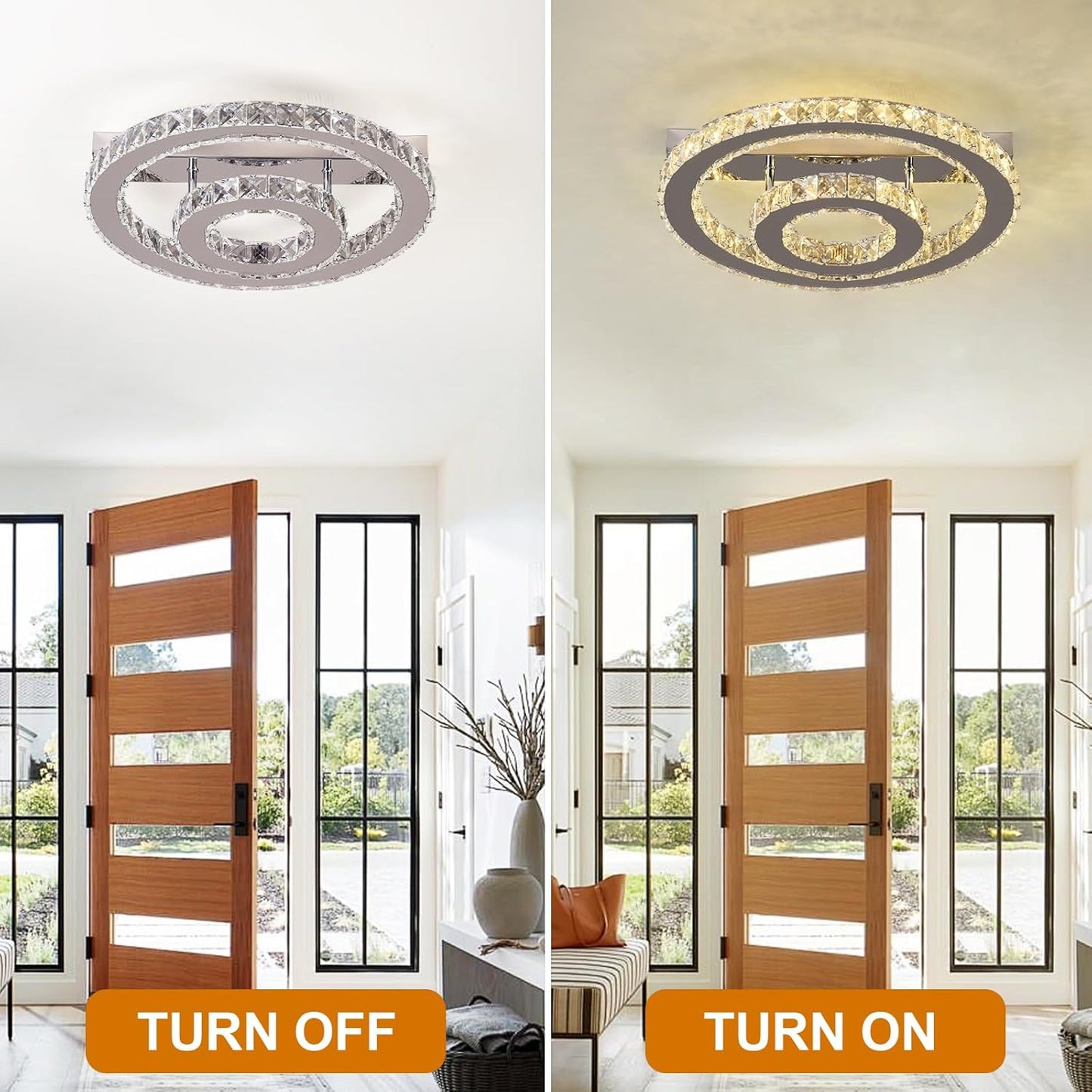 Crystal Ceiling Light – Modern LED Chandelier Flush Mount. K9 Glass Pendant. 15W. 3 Color Modes for Bedroom. Living Room. Kitchen