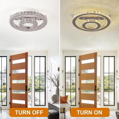 Crystal Ceiling Light – Modern LED Chandelier Flush Mount. K9 Glass Pendant. 15W. 3 Color Modes for Bedroom. Living Room. Kitchen