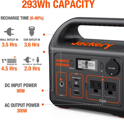 Jackery Portable Power Station Explorer 300 - 293Wh Backup Lithium Battery. 110V/300W Pure Sine Wave AC Outlet. Solar Generator (Solar Panel Not Included) for Outdoors Camping Travel Hunting Blackout | Best Solar
