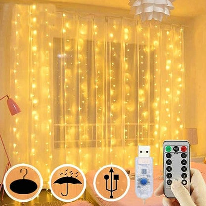 300 LED USB Curtain Lights – 8 Modes. Waterproof. Remote