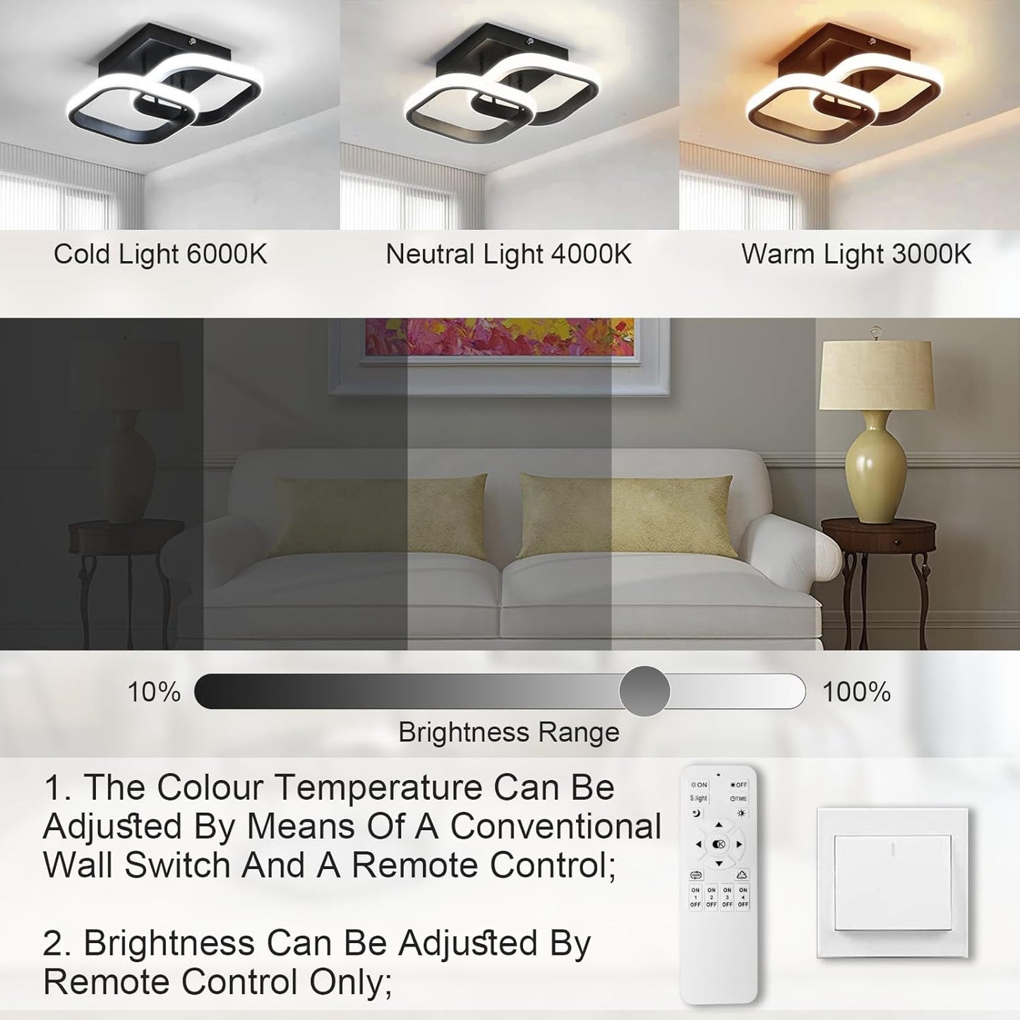 Dimmable LED Ceiling Light Square 22W Black Lamp with Remote Control