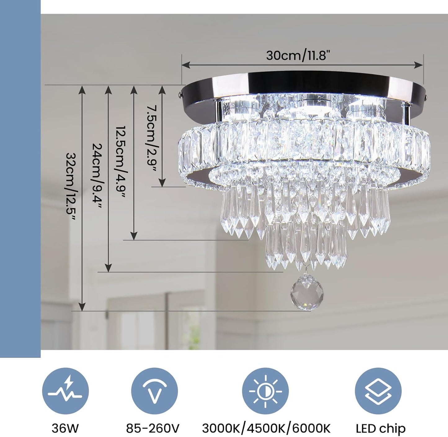 11.8 Crystal LED Ceiling Light Modern Dimmable Flush Mount Chandelier