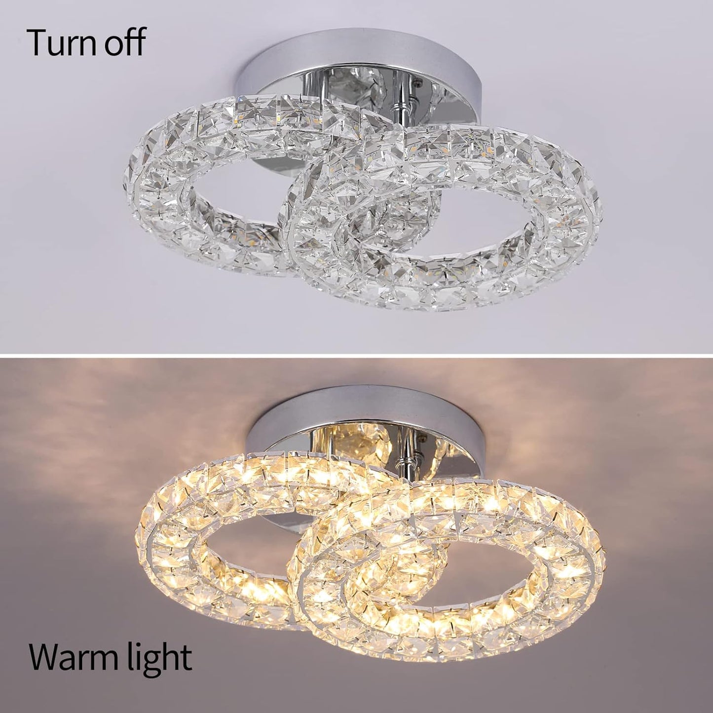 Crystal LED Ceiling Light Fixture. Modern 2-Ring Flush Mount Chandelier