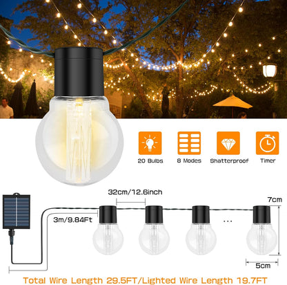 9M Solar Festoon Lights. 20 Bulbs. Remote Control