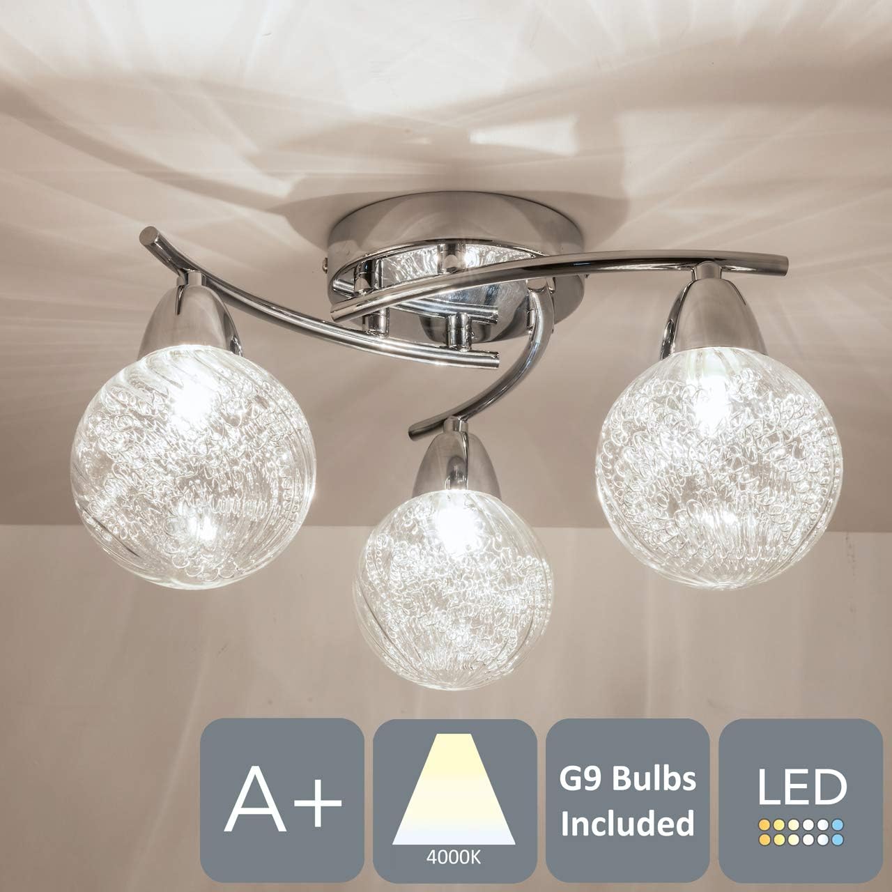 3xG9 LED Semi-Flush Ceiling Light – Polished Chrome Finish. 12W Natural White Lighting for Living Rooms. Bedrooms. Kitchens. and Hallways