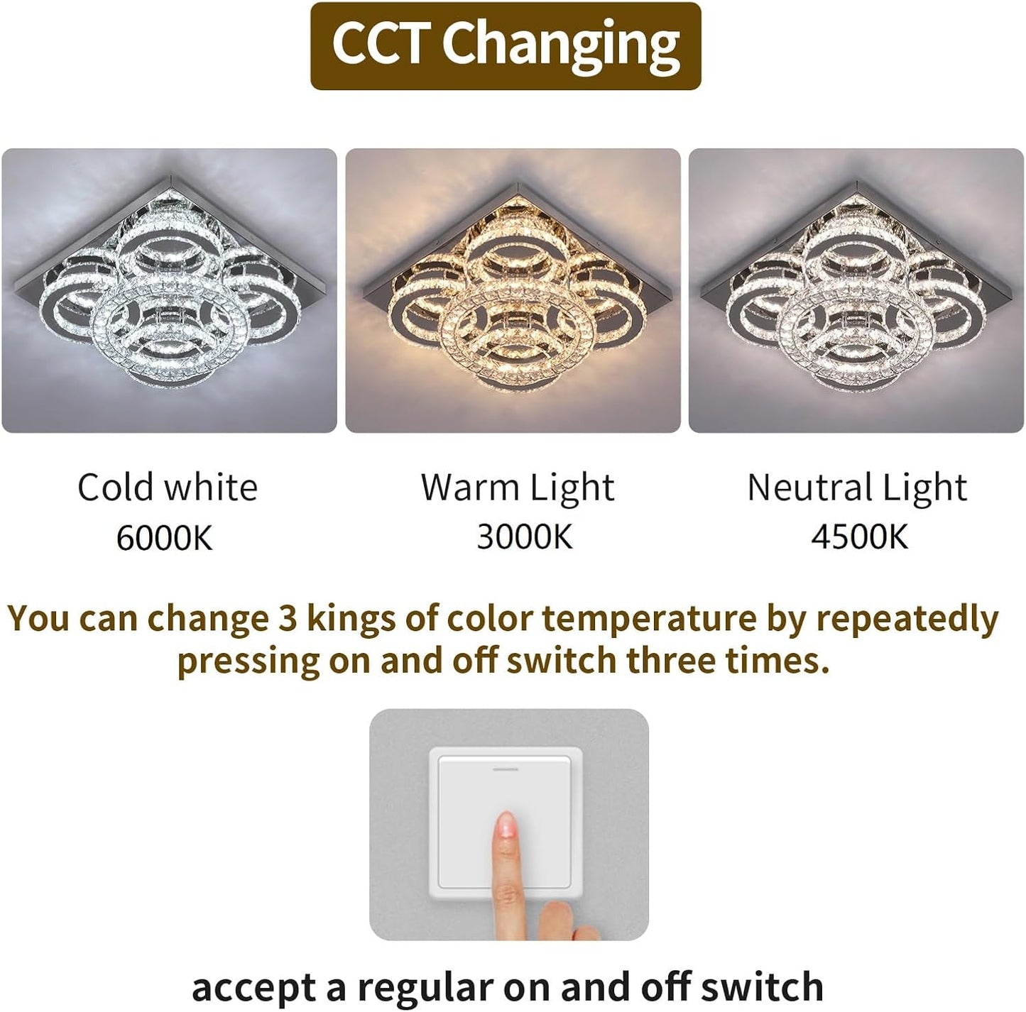 Modern Crystal LED Chandelier. 5-Ring Square Flush Mount Ceiling Light