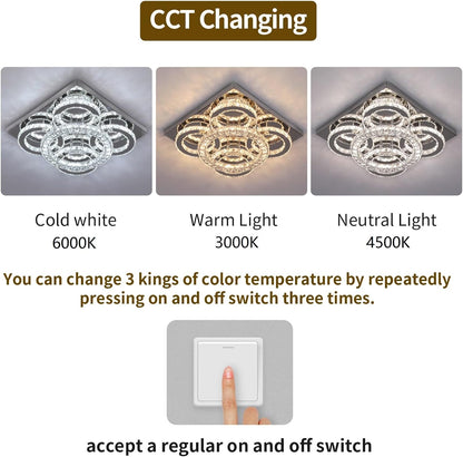 Modern Crystal LED Chandelier. 5-Ring Square Flush Mount Ceiling Light