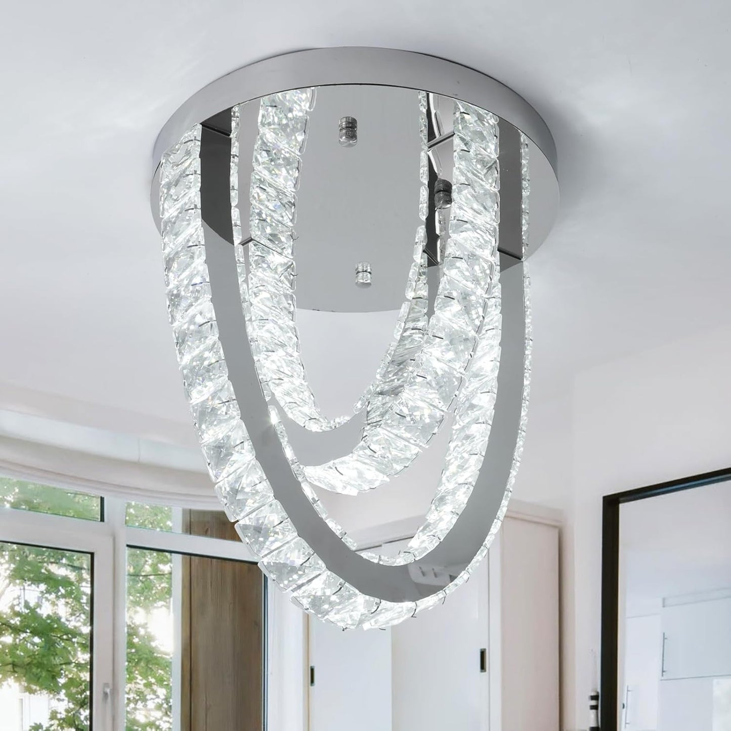Modern LED Crystal Ceiling Light – Flush Mount Chandelier with 3 Color Modes (3000K/4500K/6000K). Elegant Pendant Fixture for Home