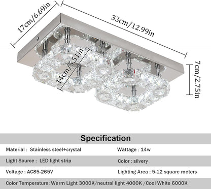Rectangular Crystal LED Ceiling Chandelier Flush Mount 3-Color Change