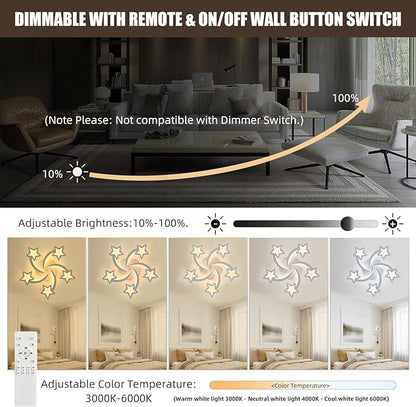 50W Dimmable LED Ceiling Light – Modern Star Design with Remote. 3000-6000K Adjustable Fixture for Bedroom. Kitchen & Living Room