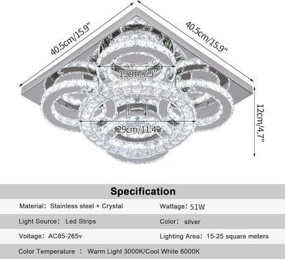 Modern Crystal LED Chandelier. 5-Ring Square Flush Mount Ceiling Light