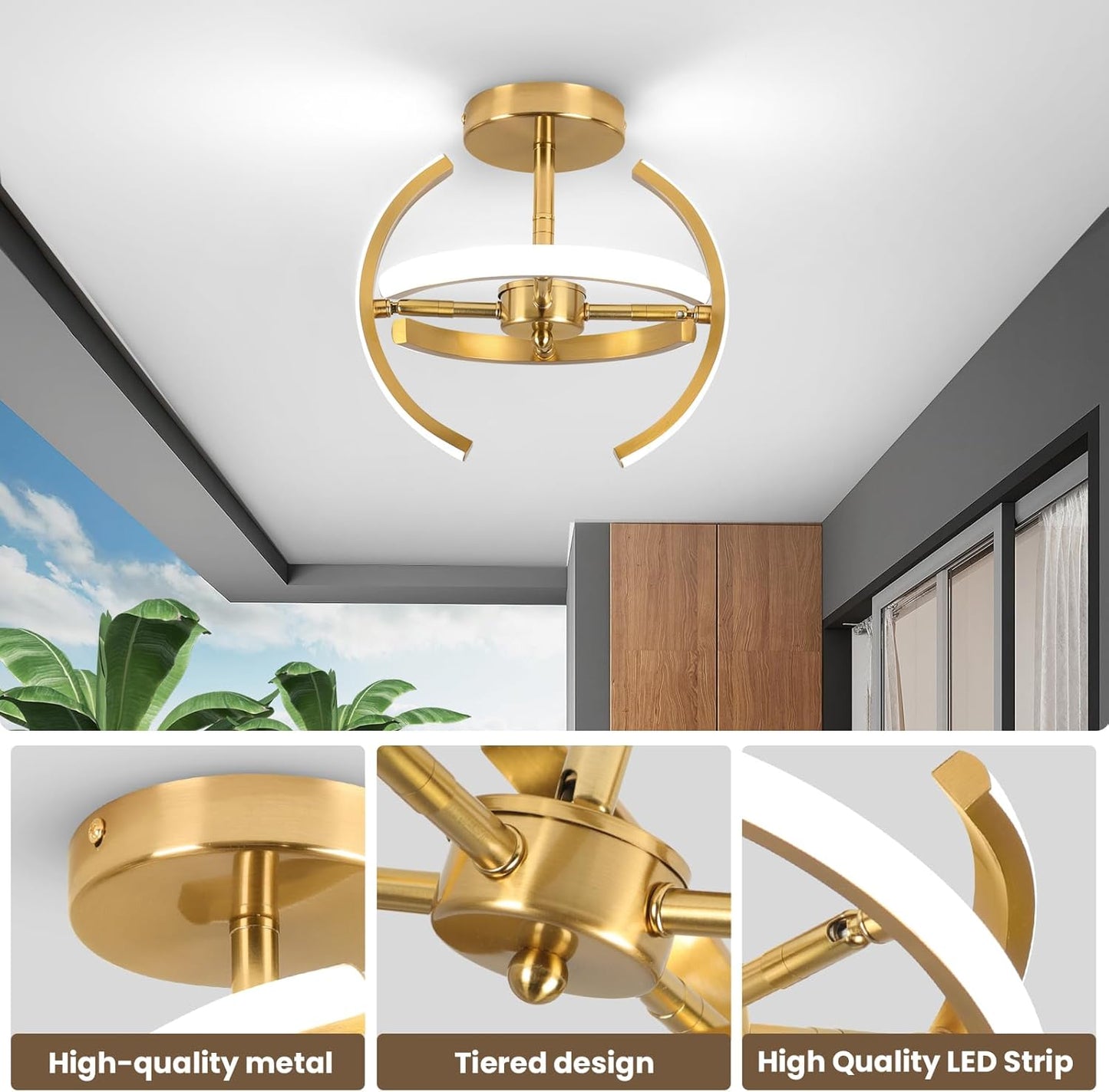 LED Ceiling Light. Elegant Gold Curved Design with 4 Strips. 22W Modern Ceiling Fixture for Hallway. Office. Bedroom. Kitchen. Living Room. Dining Room (Cool White 6000K)