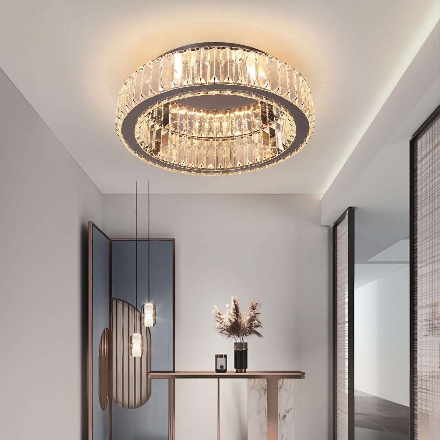 Modern Crystal Ceiling Light LED Chandelier Flush Mount with Remote