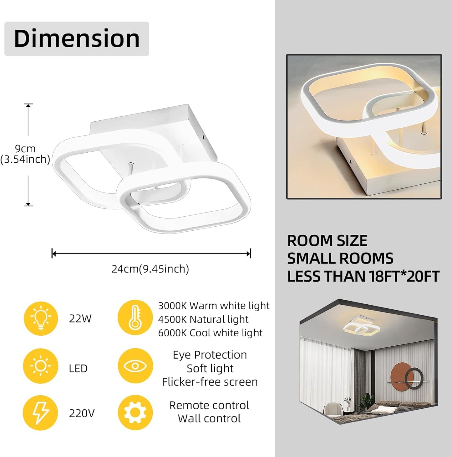 22W LED Ceiling Light Modern Square Dimmable Ceiling Lamp Fixture