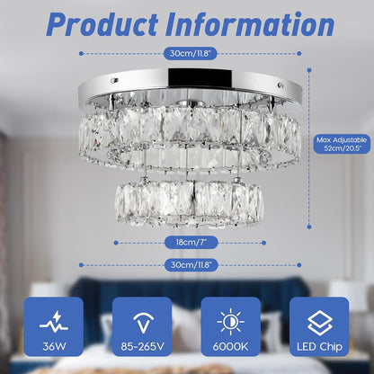 Crystal LED Ceiling Light 30cm. Modern Flush Mount Chandelier 30W