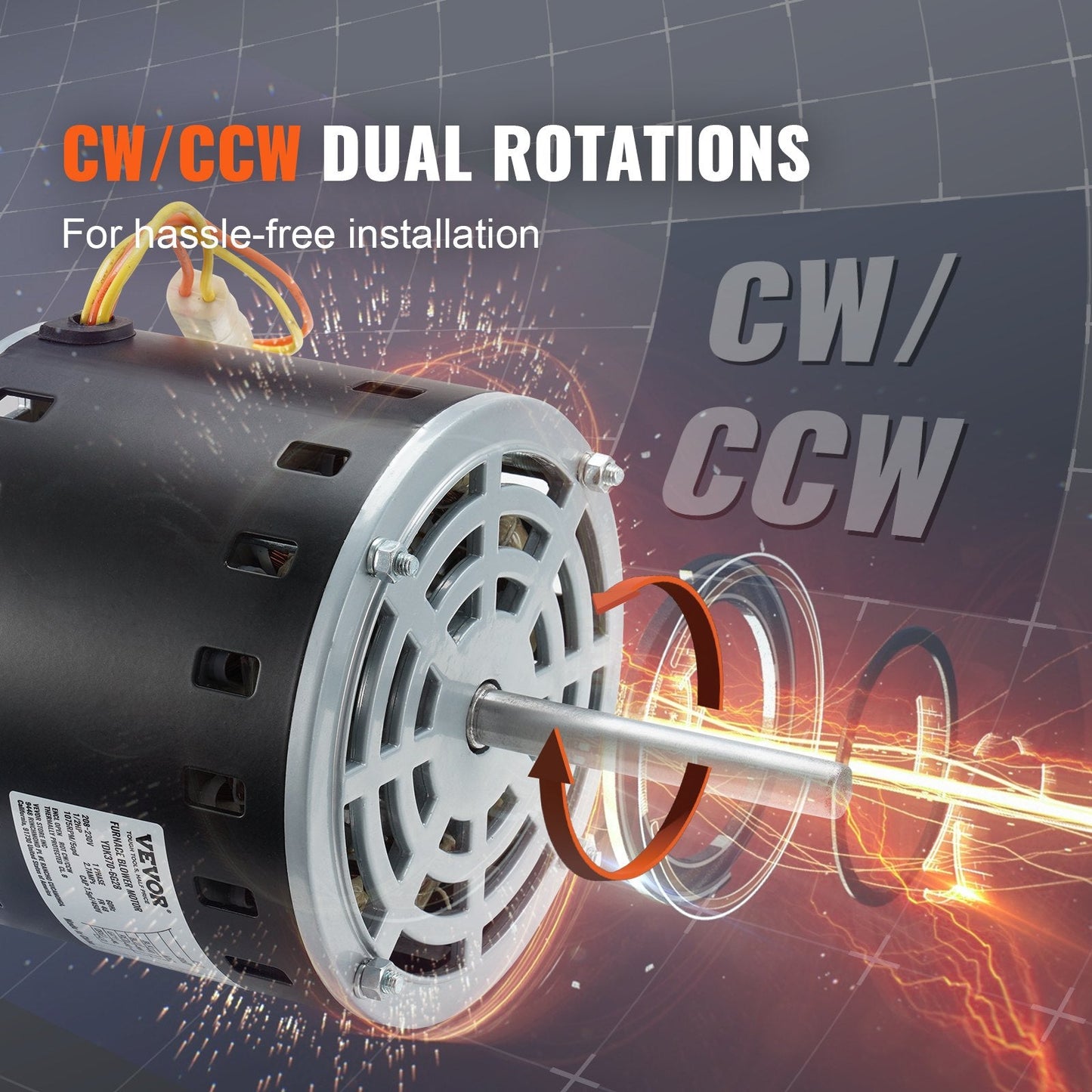 1/2HP Furnace Blower Motor. 208/230V 2.7Amps. 1075RPM 5 Speeds. CW/CCW Rotation. 48 Frame 3.4' Shaft Length. 7.5μF/450V Capacitor + 11' Hold Hoop