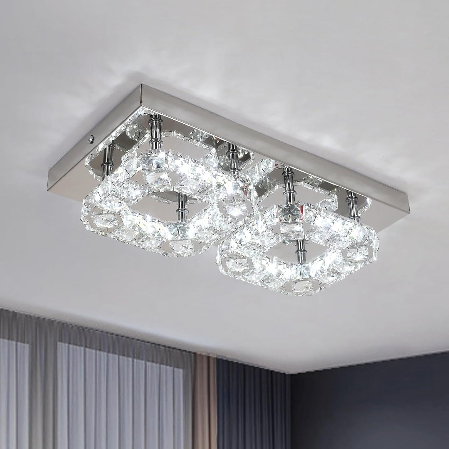Rectangular Crystal LED Ceiling Chandelier Flush Mount 3-Color Change