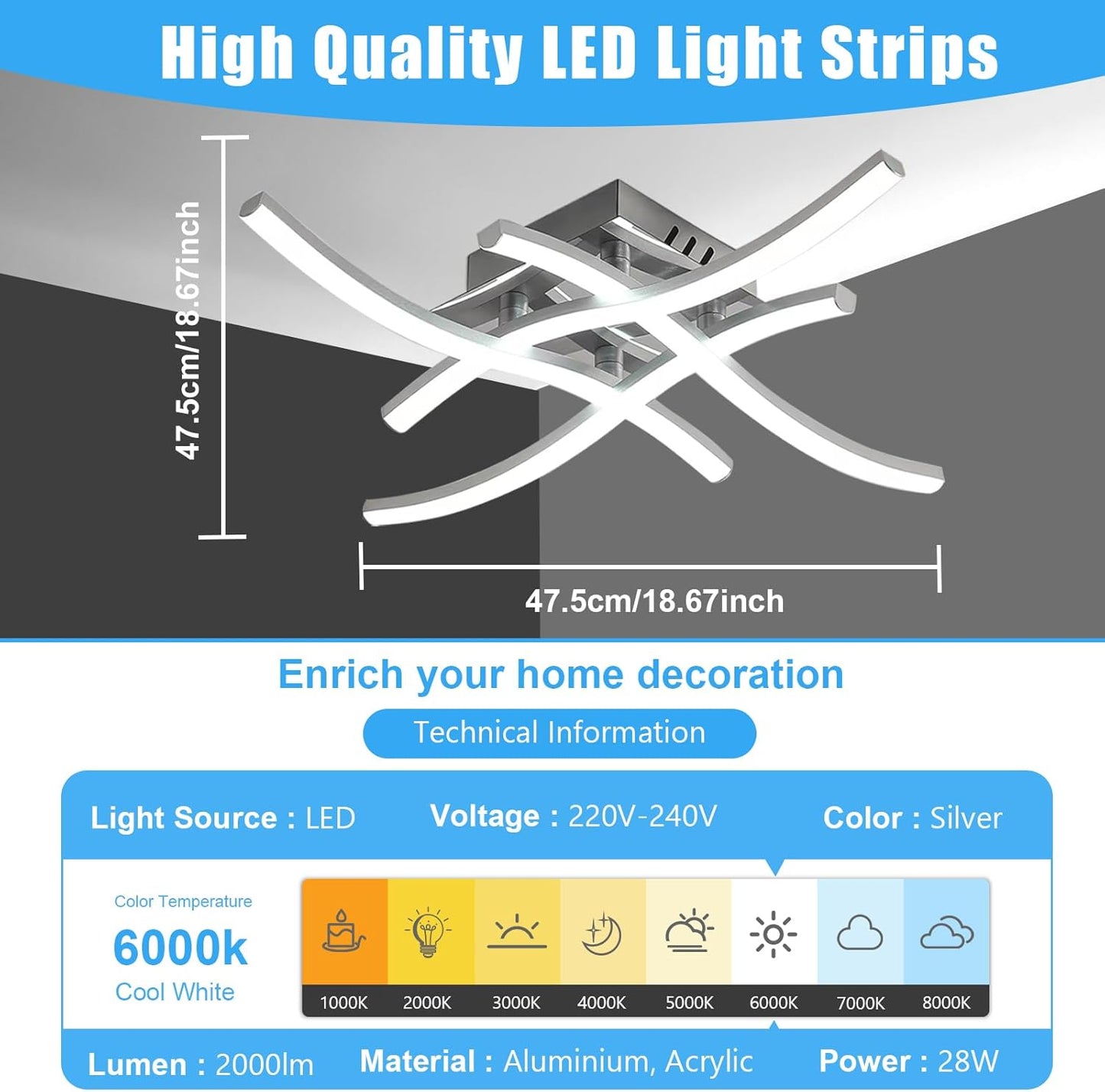 Modern 28W Curved LED Ceiling Light. 6500K Cool White