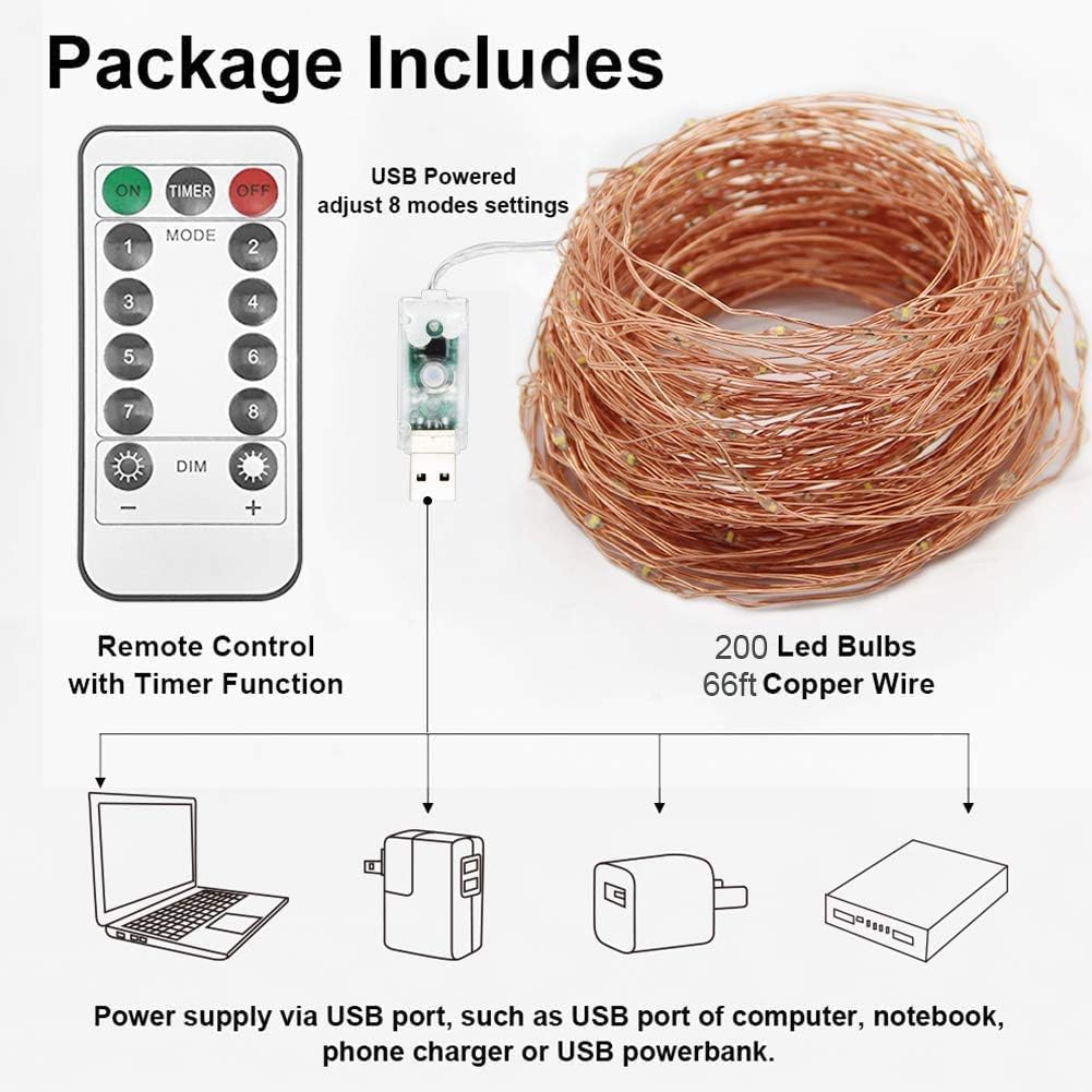 20M 200 LED Fairy String Lights – USB. Remote. 8 Modes. Warm White